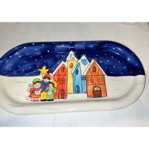 Neuwirth Portugal Majolica Christmas Carolers Art Oval Platter Plate Barrarte